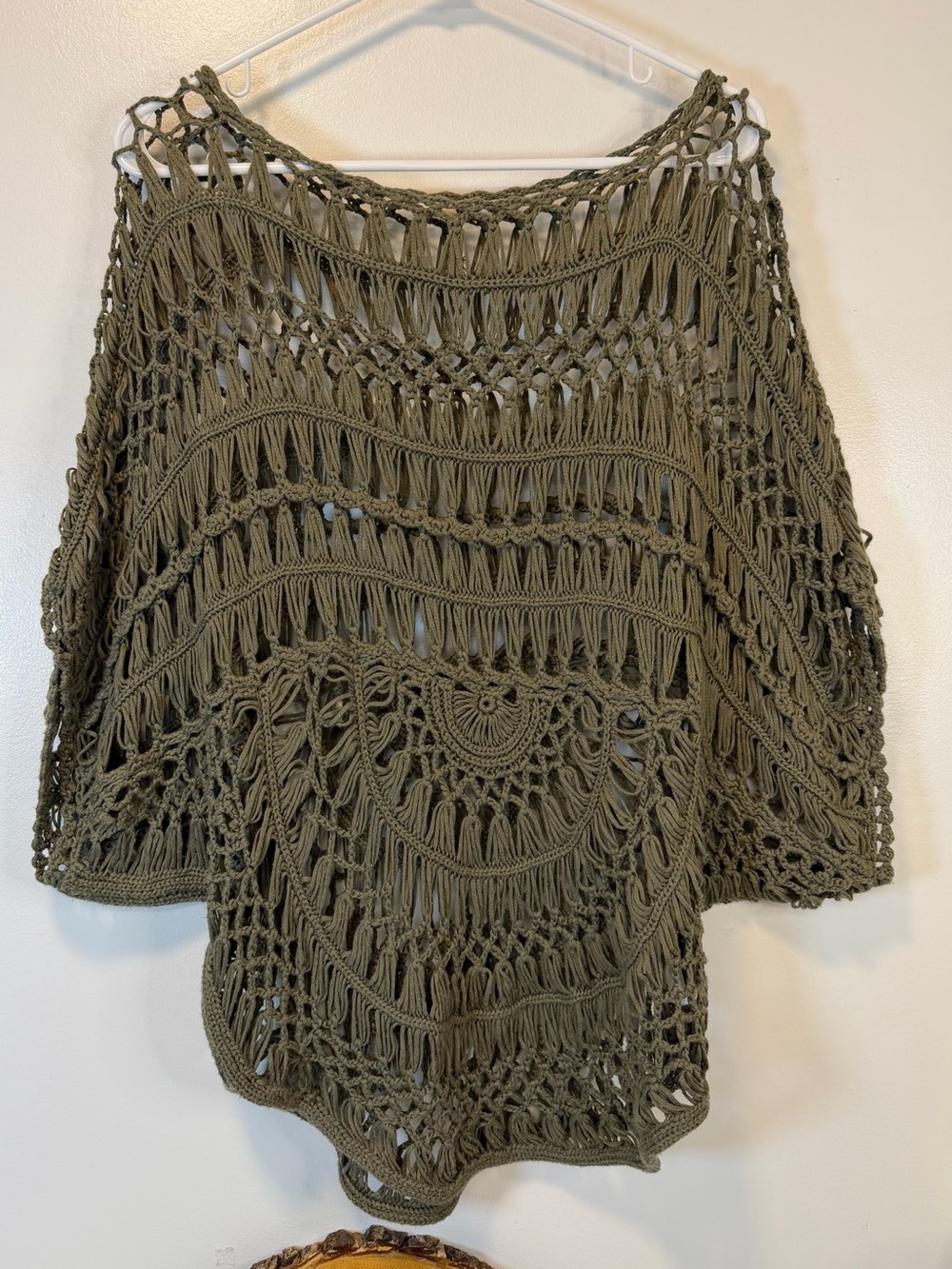 Elan handmade open weave Olive kimono top intricate‎ crochet detailing One Size